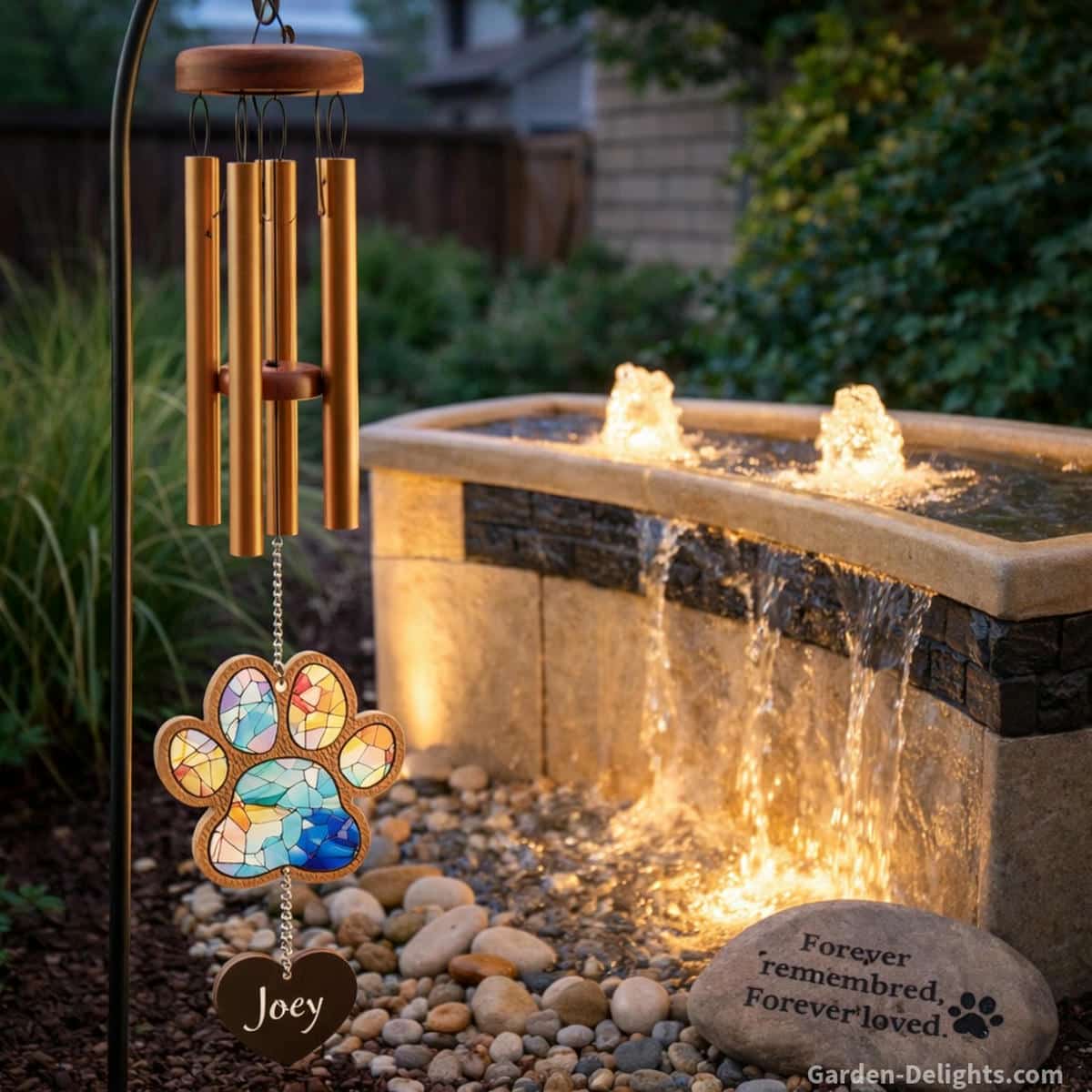Pet memorial wind chime on a tall black shepherd hook beside a light beige decorative water fountain with bubbling water gentle sound warm evening light and symbolic remembrance stone that create emotional comfort grief healing and Rainbow Bridge meaning for a beloved dog or cat
