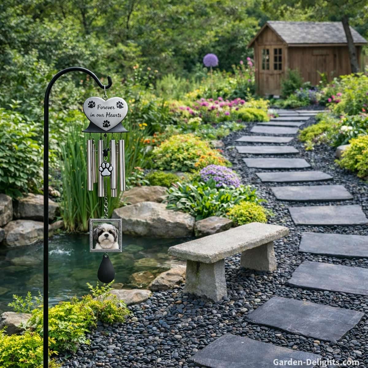 Personalized pet memorial wind chime with a photo charm hanging from a shepherds hook beside a calm garden pond and stone path where soft sound warm movement and symbolic design support healing remembrance emotional comfort and gentle reflection for families honoring a beloved companion