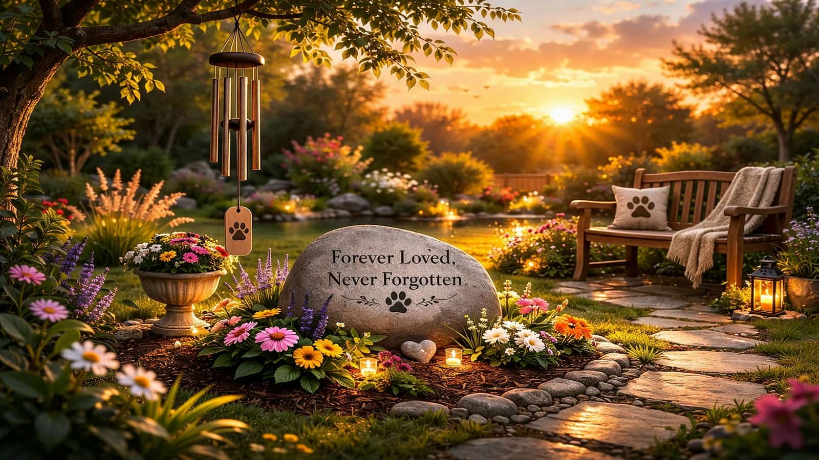 Pet memorial wind chime with paw prints gently swaying in a healing Rainbow Bridge garden beside a tribute stone that honors dog or cat loss with soothing remembrance tone and comforting outdoor symbolism