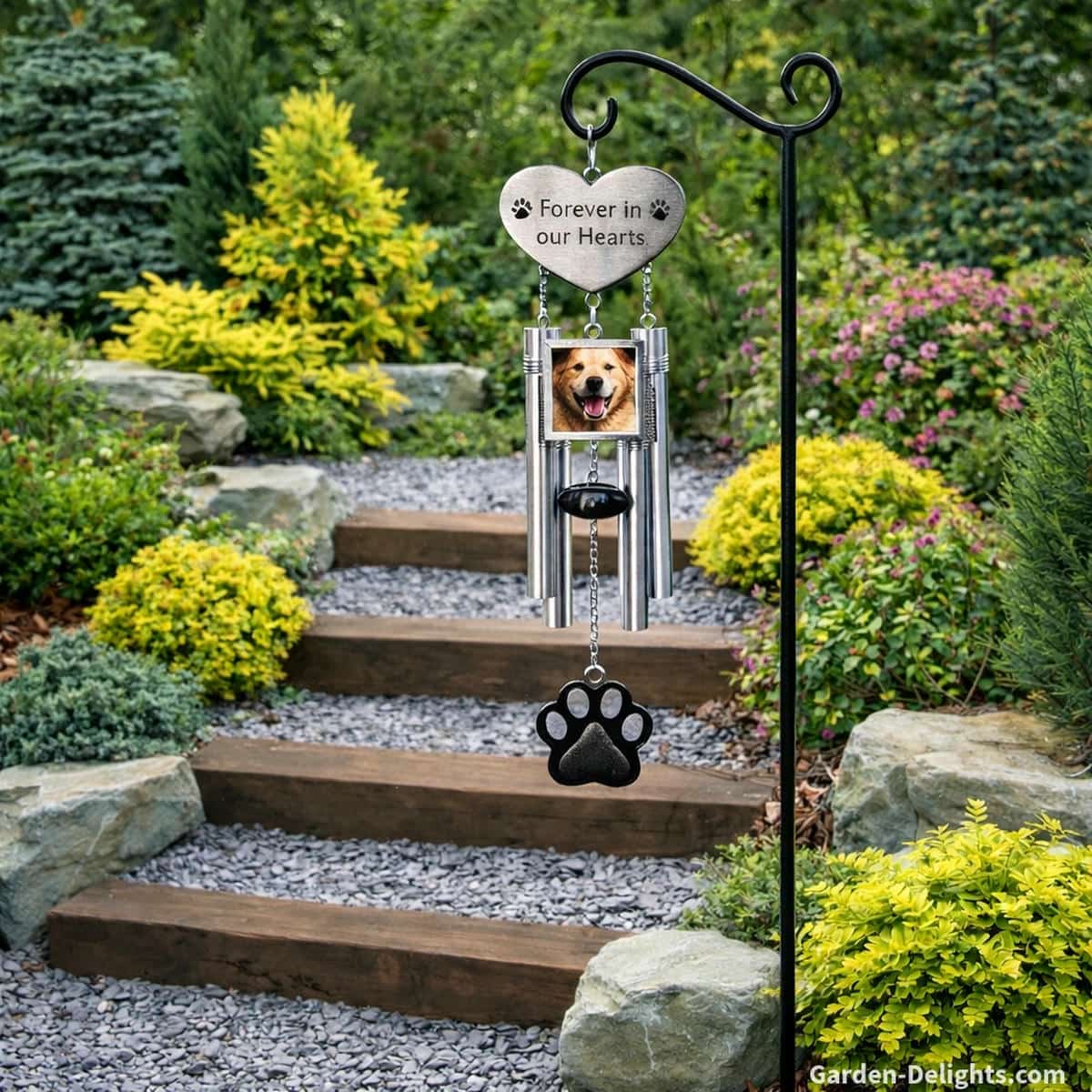 Personalized pet memorial wind chime with a photo charm hanging from a shepherds hook beside a clear stone garden path where soft tone gentle movement and peaceful natural light create healing comfort and emotional remembrance for families honoring a beloved companion