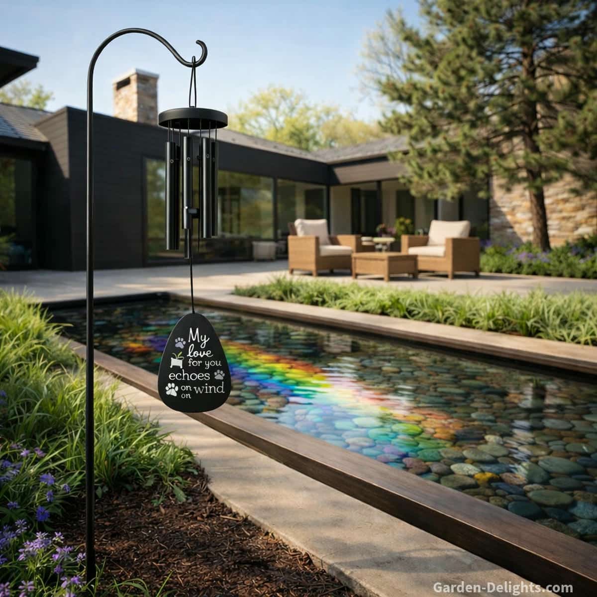 Rainbow Bridge memorial wind chime hanging from a decorative shepherds hook beside a calm backyard reflecting pool where soft rainbow light moves across smooth river stones and gentle melodic tone offers peaceful healing comfort remembrance meaning and emotional grounding for grieving pet owners