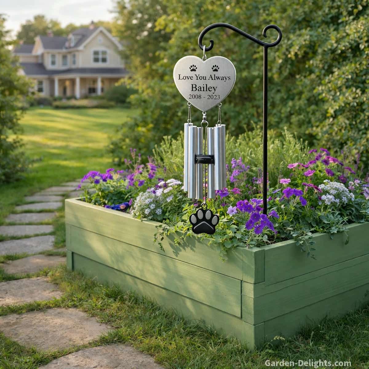 Pet memorial wind chime with tuned aluminum tubes hanging from a shepherds hook beside a light green raised garden planter filled with soft purple flowers where calm airflow warm afternoon light and gentle garden movement create a healing remembrance space near a family home