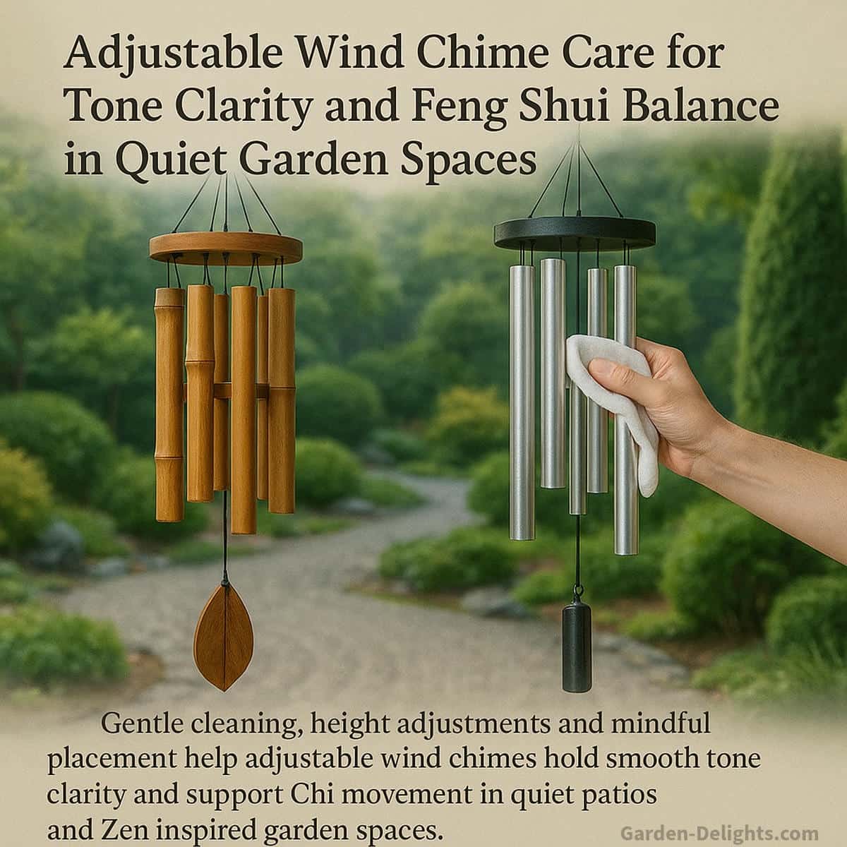 Adjustable sound wind chimes made of bamboo and aluminum hanging at varied heights in a calm Zen garden with soft morning airflow showing how gentle cleaning and height tuning keep tone clarity and Chi energy flowing