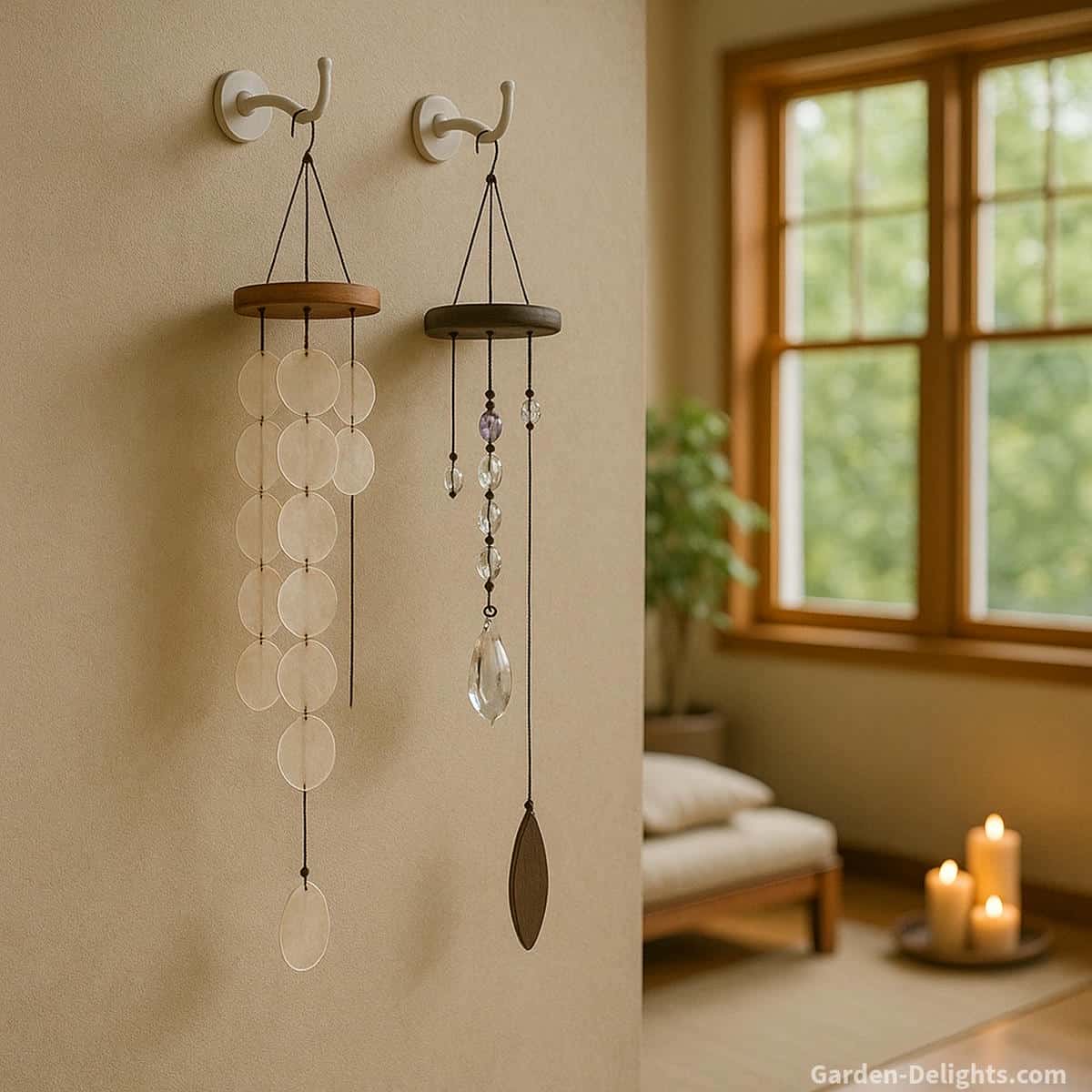 Crystal and capiz wind chimes hanging from white wall mounted hooks beside a sunlit meditation room window with candles plants and calm ambience that supports sound therapy emotional grounding and quiet healing rituals