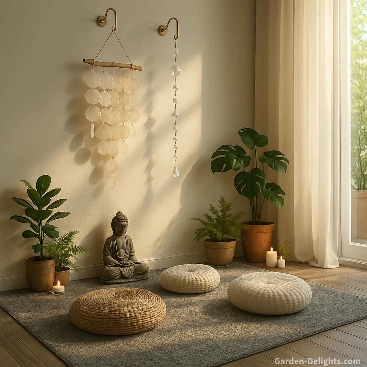 Capiz and crystal wind chimes hanging from brushed brass wall hooks in a sunlit meditation room with grey carpet, hardwood flooring, scattered cushions, plants, and a Buddha statue that create soft resonance for healing and mindful breathing