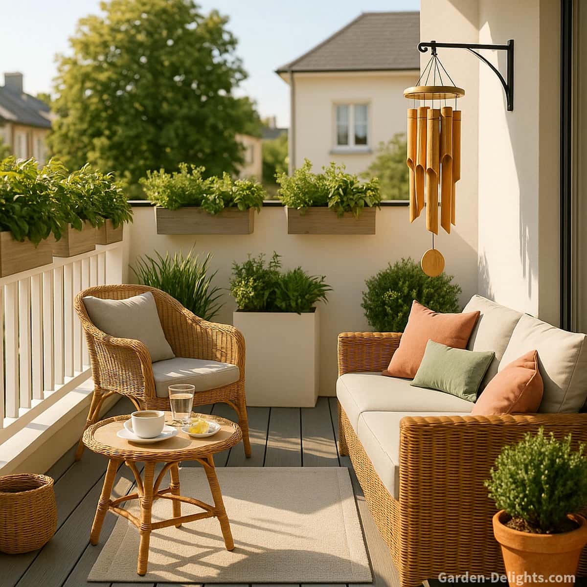 Quiet bamboo wind chimes hanging from a side wall mount above a bright morning condo balcony with fresh herbs, wicker seating, soft airflow and gentle resonance that creates peaceful small space ambience