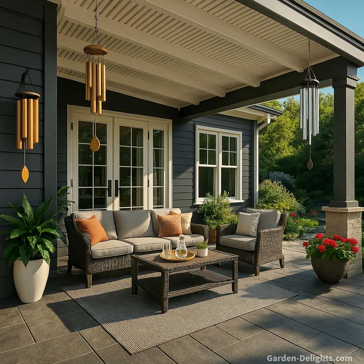 Quiet bamboo and aluminum wind chimes hanging under a peaceful patio roof beside soft greenery showing gentle airflow, subtle resonance, and calming emotional energy in a serene outdoor retreat