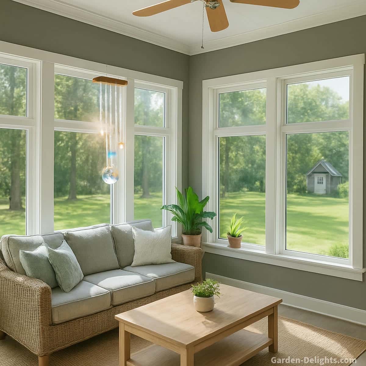 Crystal and acrylic wind chimes hanging near a bright sunroom window where soft light creates gentle sparkle calm resonance and peaceful indoor energy beside a wicker sofa and plants