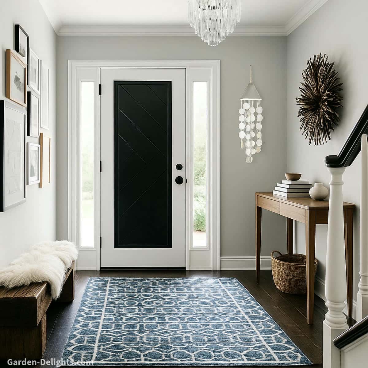 Quiet Feng Shui capiz wind chime hanging beside a modern entry console where steady airflow supports soft tone behavior, gentle resonance, and smooth Chi flow through a bright foyer