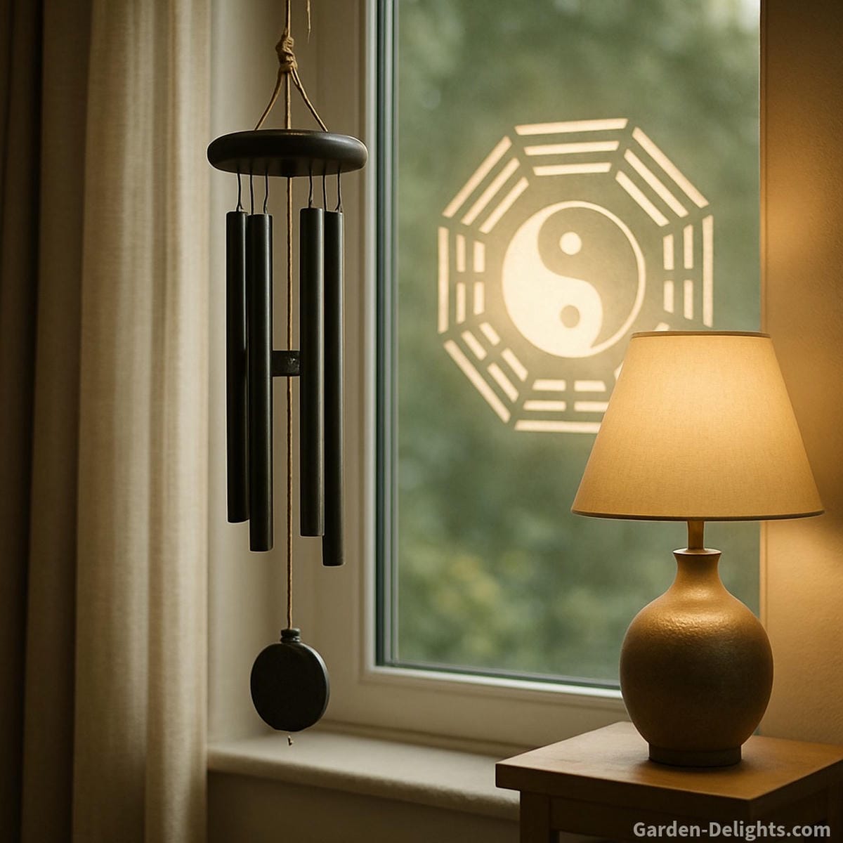 Quiet Feng Shui wind chime near soft indoor light where a predictable airflow corridor supports low amplitude resonance, tone stability, and smooth Chi movement in compact rooms