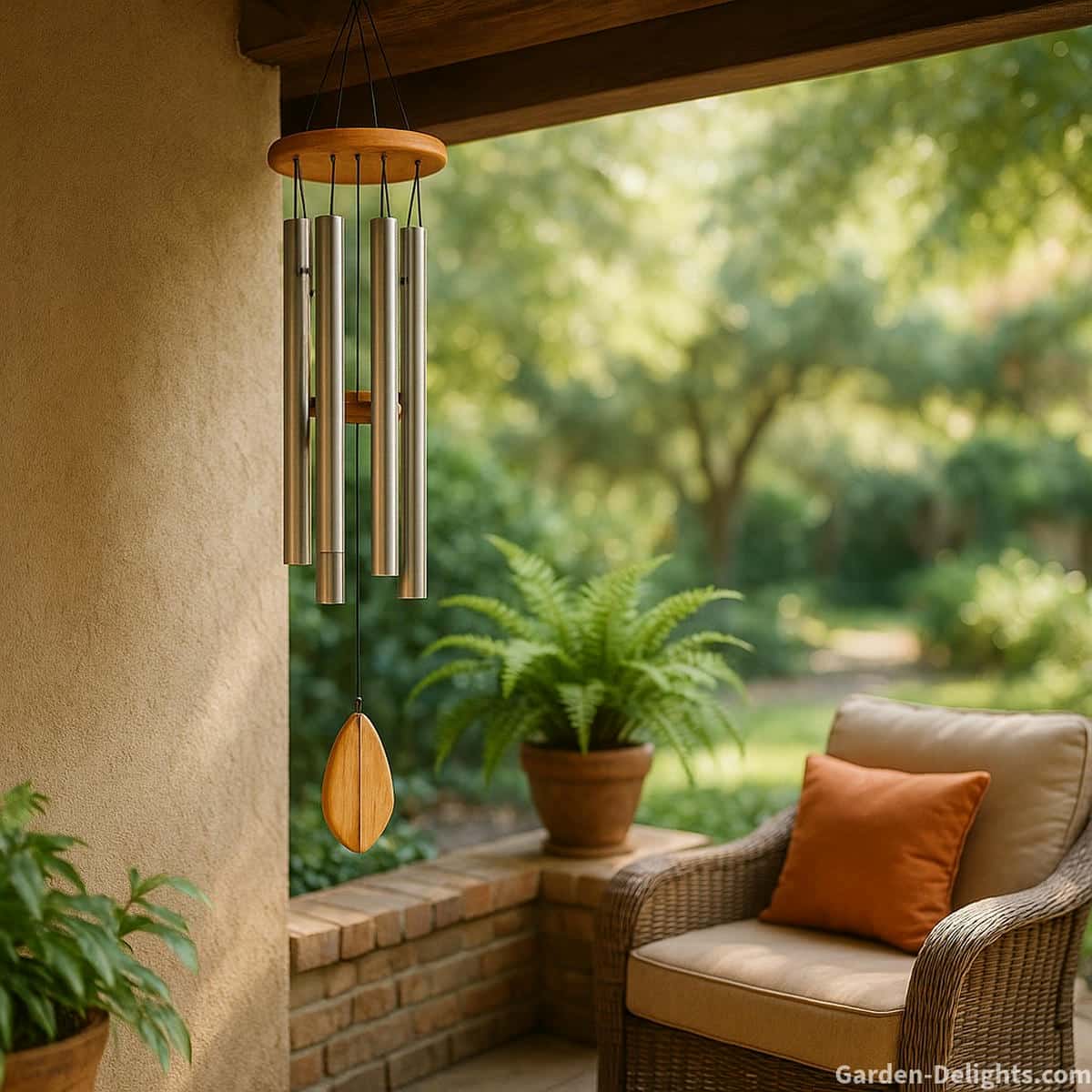 Quiet bamboo and aluminum wind chimes hanging in a covered patio corner with soft morning airflow plants warm seating and gentle light that supports quiet tone airflow tuning and neighbor friendly sound control