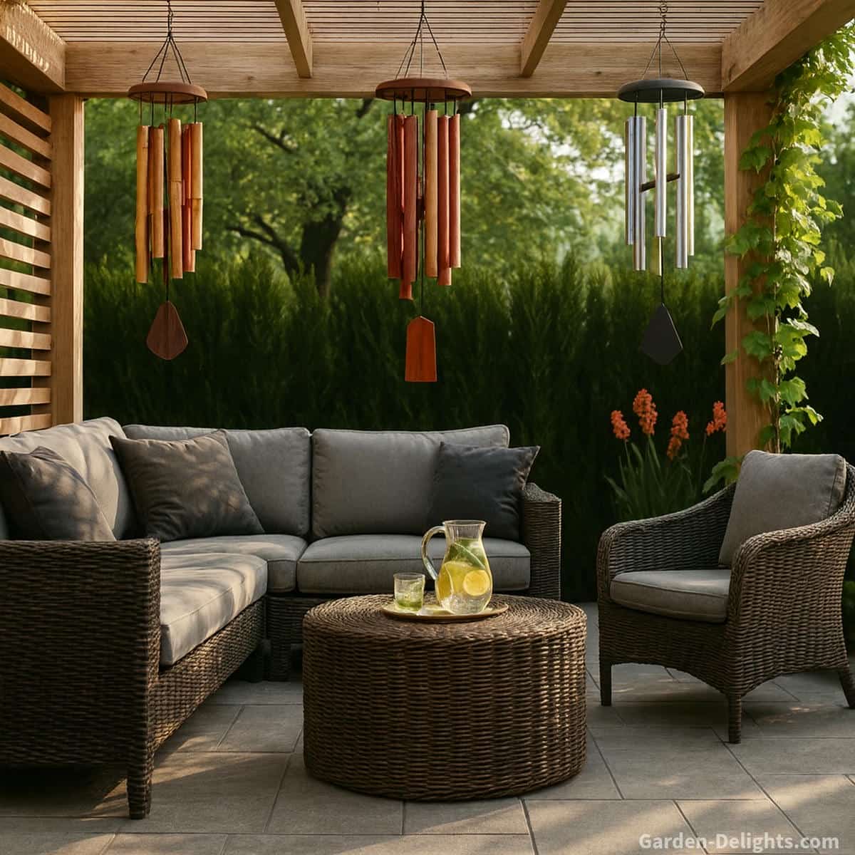 Quiet bamboo and aluminum wind chimes hanging off the side beams of a shaded wicker patio lounge under a wooden pergola with grey cushions, warm brown tones and soft airflow that shapes gentle tone and Feng Shui chi movement