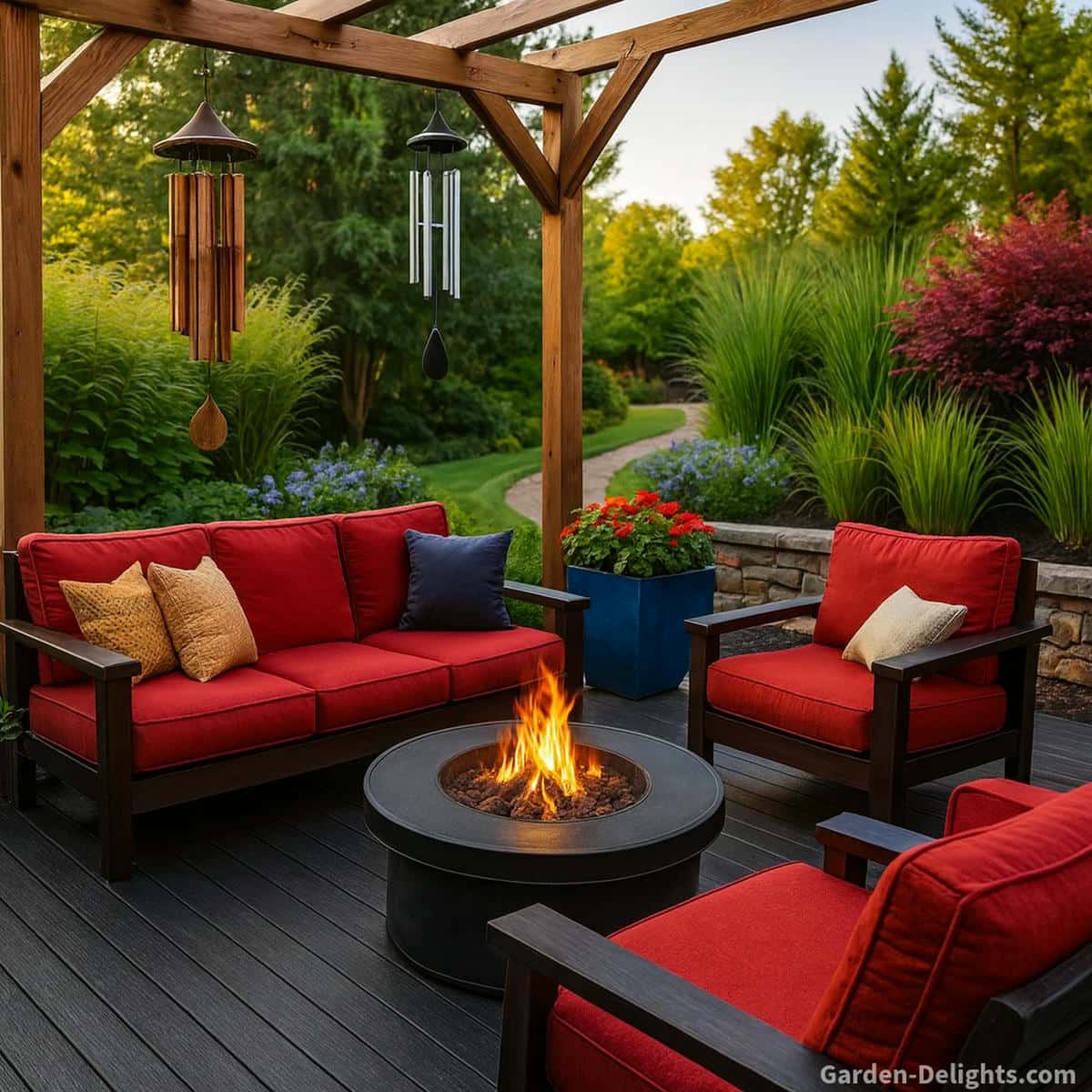 Quiet bamboo and aluminum wind chimes hanging from a warm backyard pergola above a black stone patio with red cushioned seating a glowing fire pit blue and red flowers and steady natural movement that supports calm tone soft steady tone and peaceful outdoor comfort