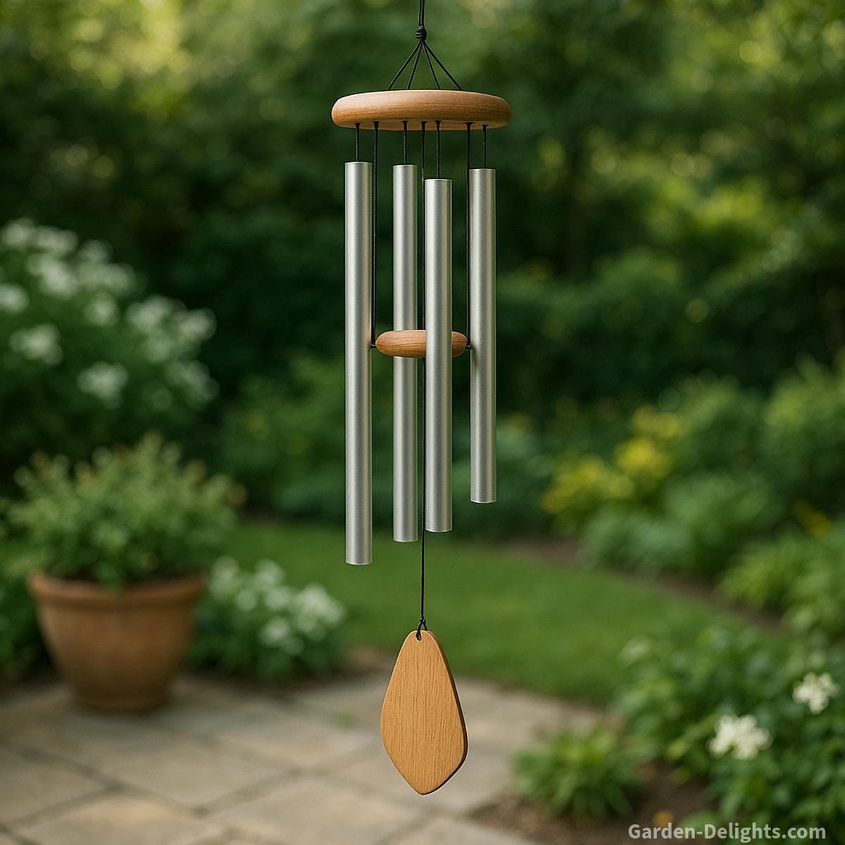 Quiet wind chimes with thin aluminum tubes, bamboo pieces and light clapper contact hanging in a calm patio garden where airflow creates soft gentle resonance.