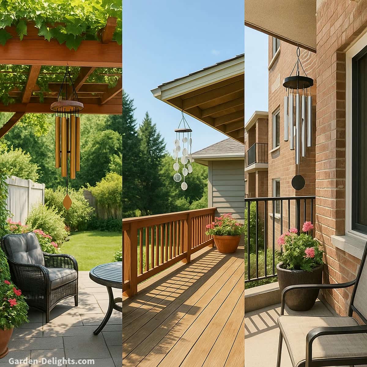 Quiet patio wind chimes hanging on a covered pergola, open air deck and small balcony showing how airflow shapes gentle tone, soft resonance and calm outdoor ambience.