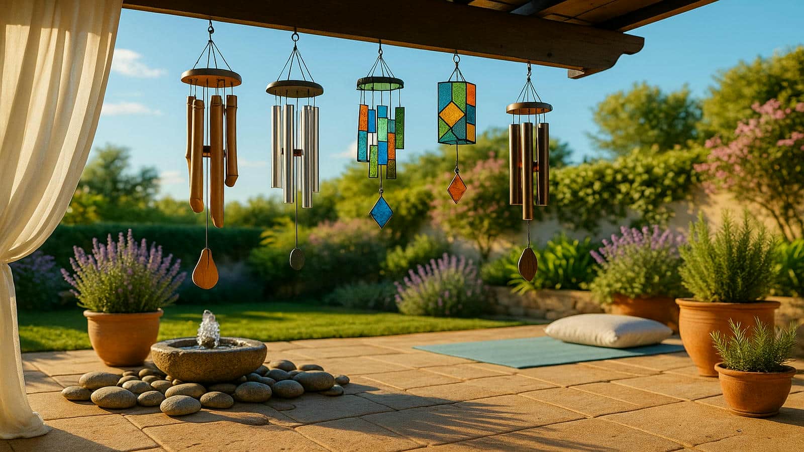 Quiet wind chimes on a peaceful patio and balcony setting — gentle bamboo and soft metal wind chimes swaying lightly with calming garden decor, lavender, and a serene meditation area. Ideal low-noise wind chimes for healing spaces, apartments, and Feng Shui ambiance.