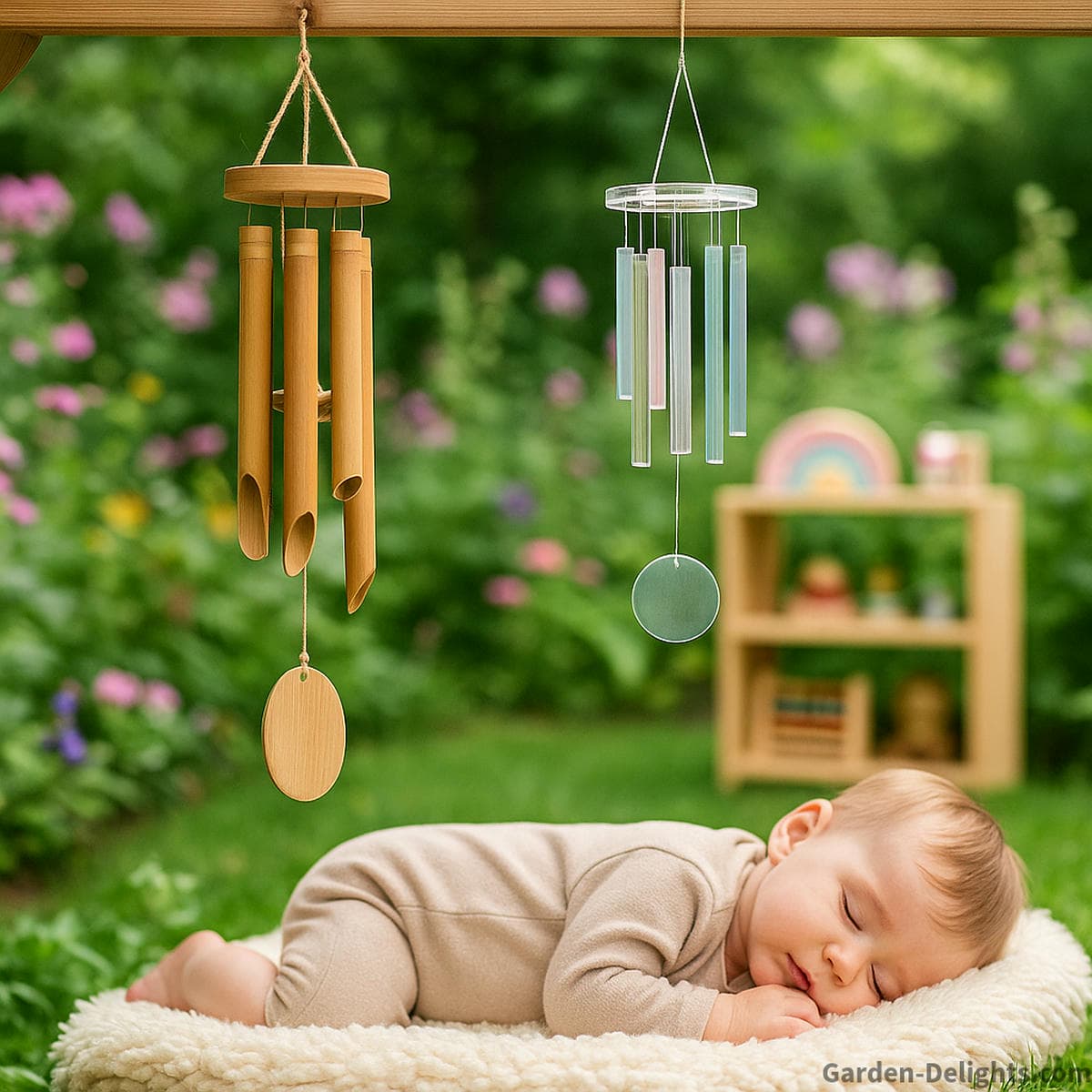Quiet wind chimes for toddlers hanging in a sensory garden with bamboo and acrylic chimes designed for nurseries, baby sleep support, and calming play spaces