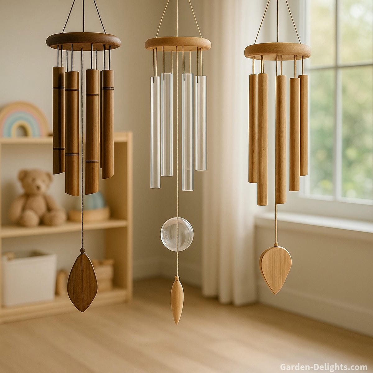Quiet bamboo, wood and acrylic wind chimes moving gently in a bright toddler sensory room showing soft airflow patterns and predictable rhythm that support emotional regulation and calm nursery routines