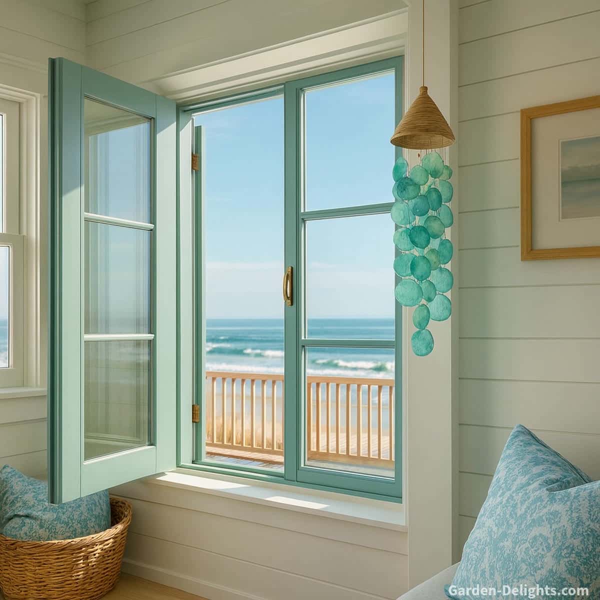 Silent Feng Shui wind chimes in soft aqua capiz hanging beside an open indoor window where gentle cross breeze creates quiet tone steady airflow movement and calm chi flow for peaceful living spaces