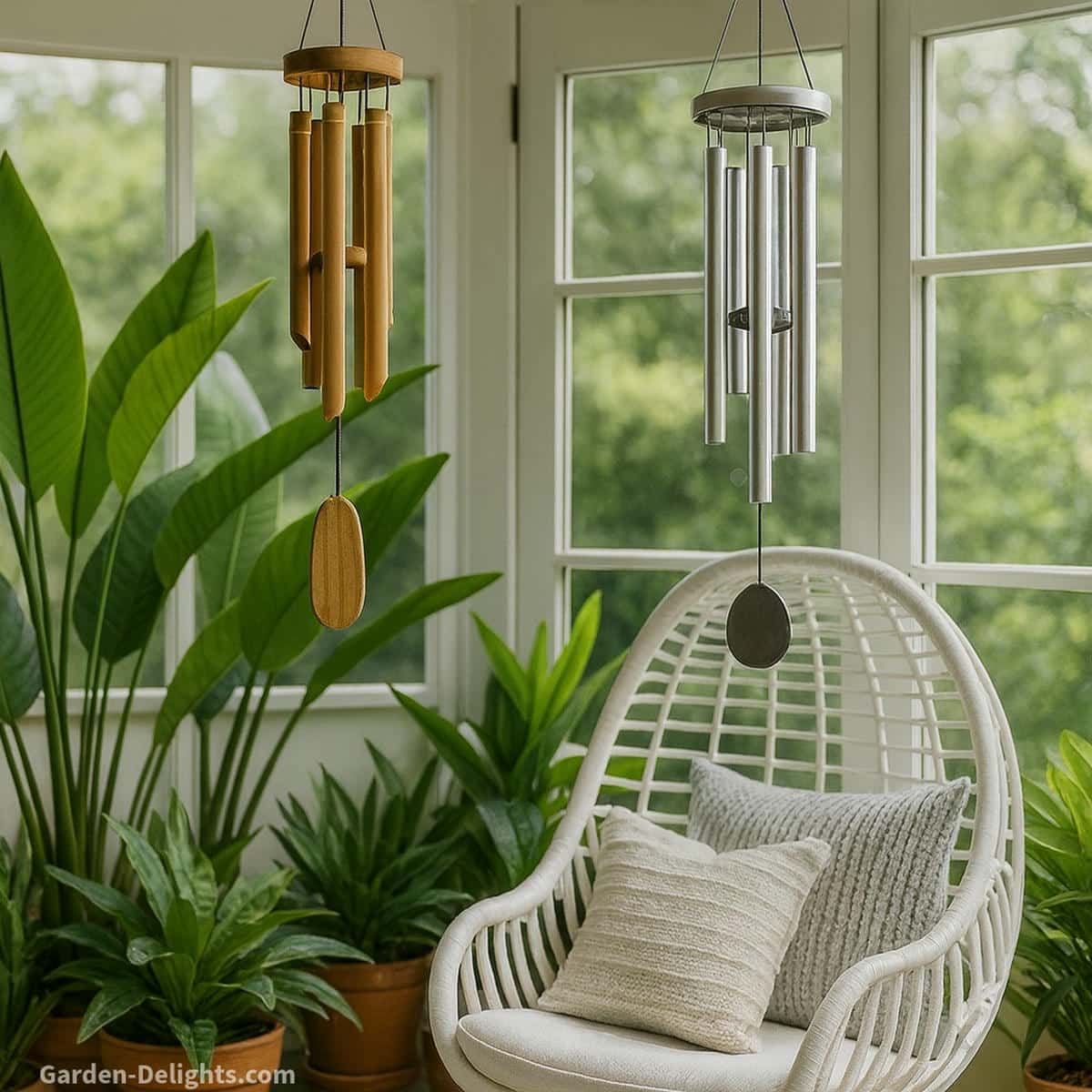 Silent Feng Shui bamboo and aluminum wind chimes hanging beside a white swing chair in a bright indoor sunroom garden where soft airflow shapes gentle tone balanced chi flow and quiet sound behavior