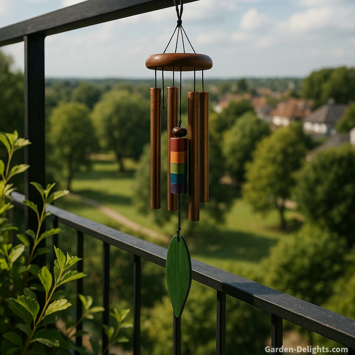 Small copper, green, and rainbow wind chimes hanging from a balcony symbolizing Feng Shui color healing, energy alignment, and emotional balance in sunlit compact garden spaces