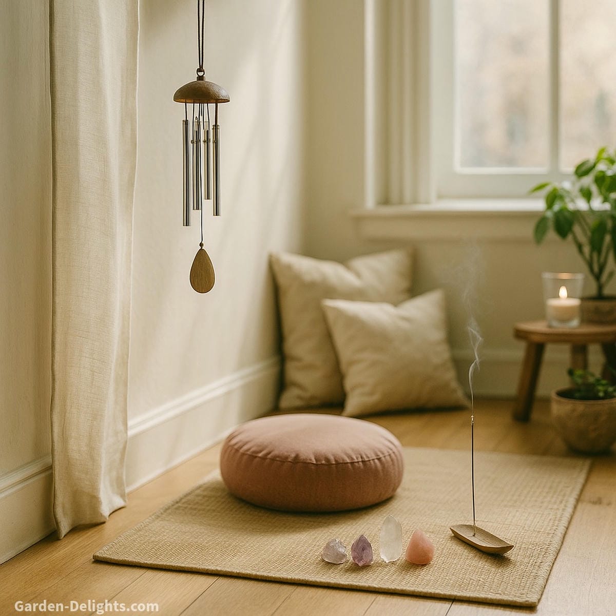 Miniature wind chime gently swaying beside crystals, cushions, and incense in a cozy yoga space symbolizing sound healing, emotional clarity, and compact spiritual balance in mindful corners