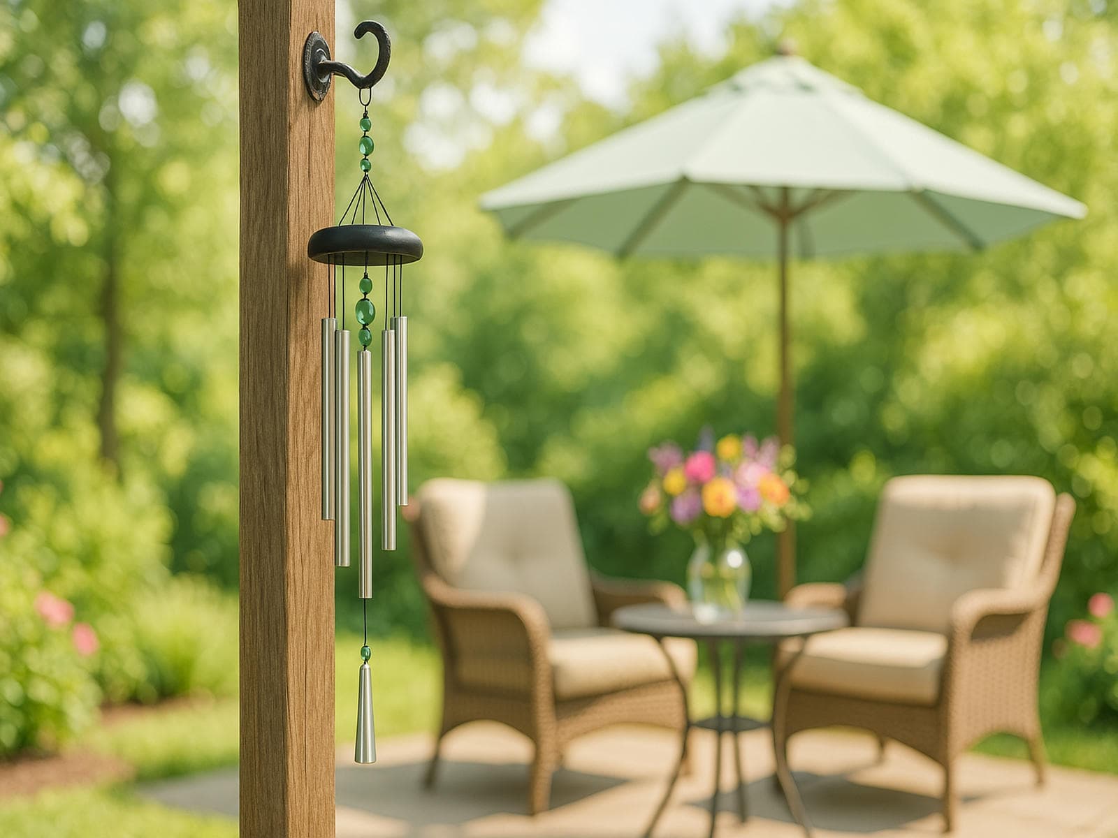 Sleek small wind chime with green beads and stainless tubes hanging from a wooden patio post, with cozy chairs, flowers, and a light green umbrella in the background