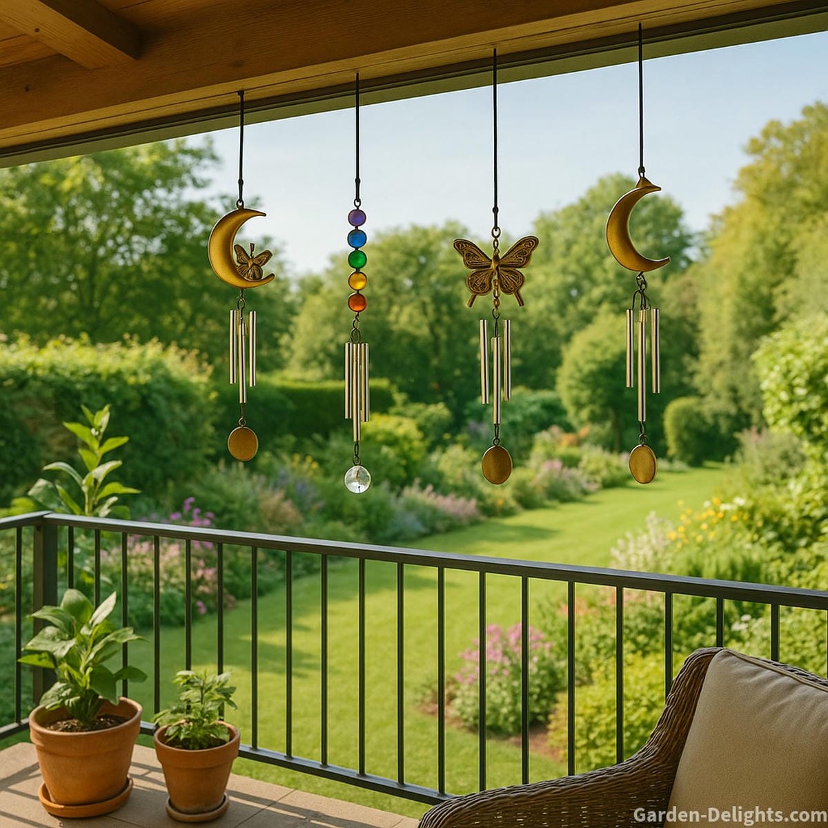 Symbolic small wind chines with butterfly, moon, and chakra designs hanging from a garden terrace ideal for Feng Shui balance, emotional serenity, and sound healing in compact outdoor sanctuaries