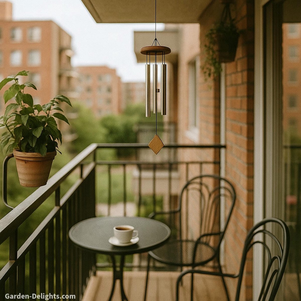 Mini wind chime hanging in a peaceful apartment balcony corner with coffee, chairs, and plants symbolizing emotional calm, mindful rituals, and Feng Shui serenity in compact urban spaces