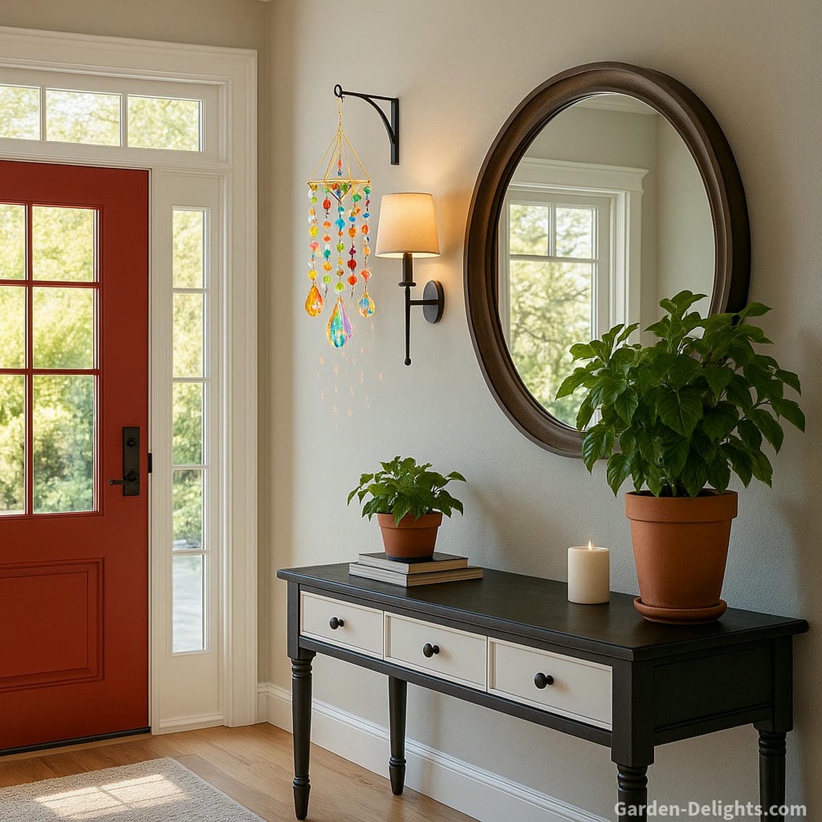 Chakra-colored small wind chime with crystals near a red entry door and round mirror enhancing Feng Shui Chi, emotional healing, and light-based energy flow for mindful home entrances