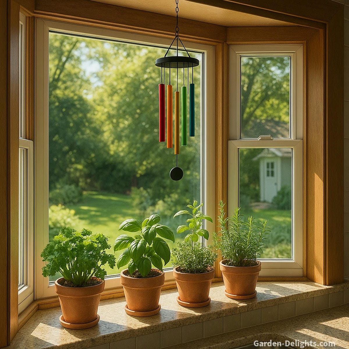 Small chakra-colored wind chime above a sunny kitchen bay window with herbs enhancing Feng Shui Chi flow, emotional wellness, and peaceful light energy into the garden