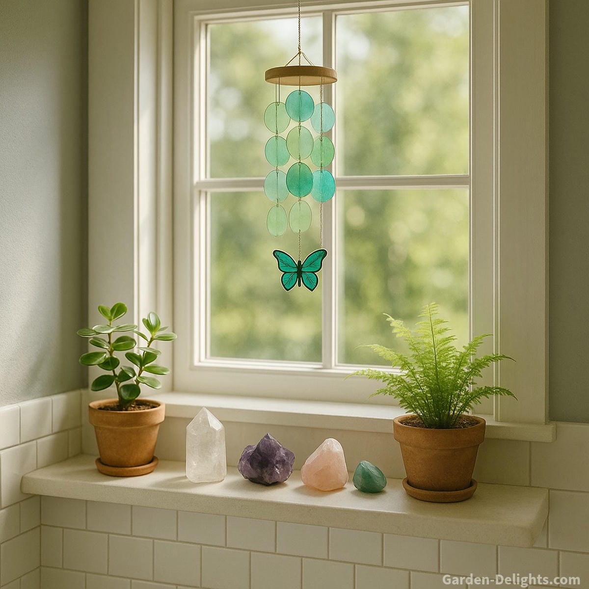 Small wind chime with butterfly wind catcher in a sunny meditation window symbolizing emotional balance, grief support, and healing sound legacy in compact indoor sanctuary spaces