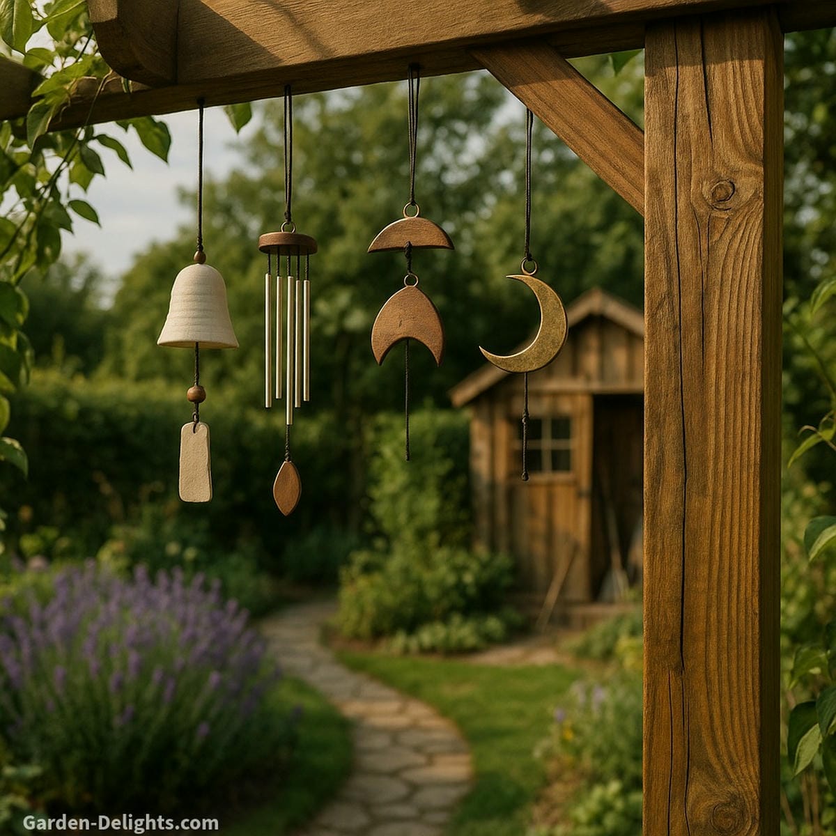 Specialty small wind chimes with ceramic bells, crescent moons, and minimalist rods hanging from a wooden garden arch beside lavender symbolizing grounding, spiritual clarity, and restful energy in healing garden décor