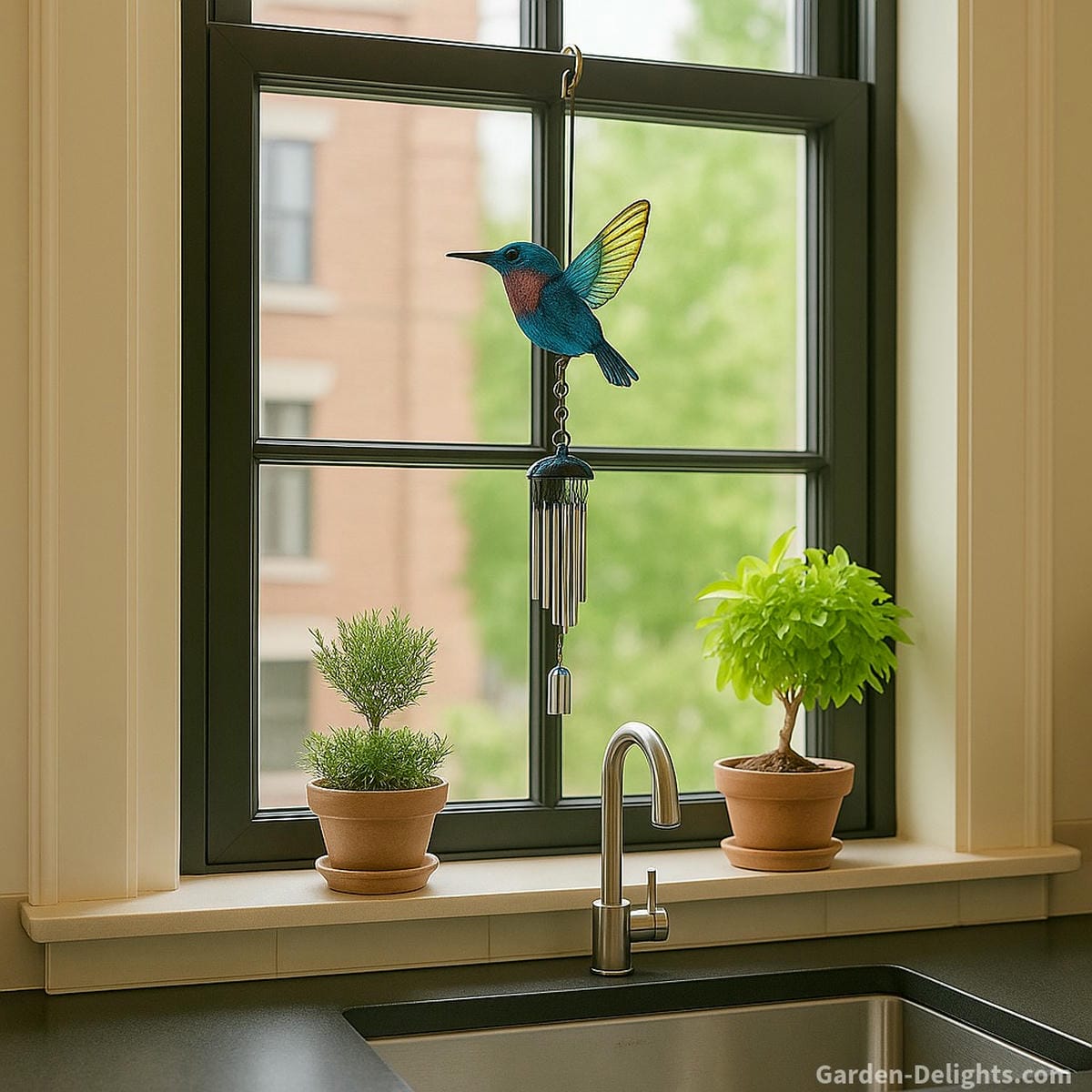 Small hummingbird wind chime with silver tubes swaying near potted herbs in a sunlit kitchen window symbolizing emotional healing, sound energy, and peaceful Feng Shui in compact living spaces