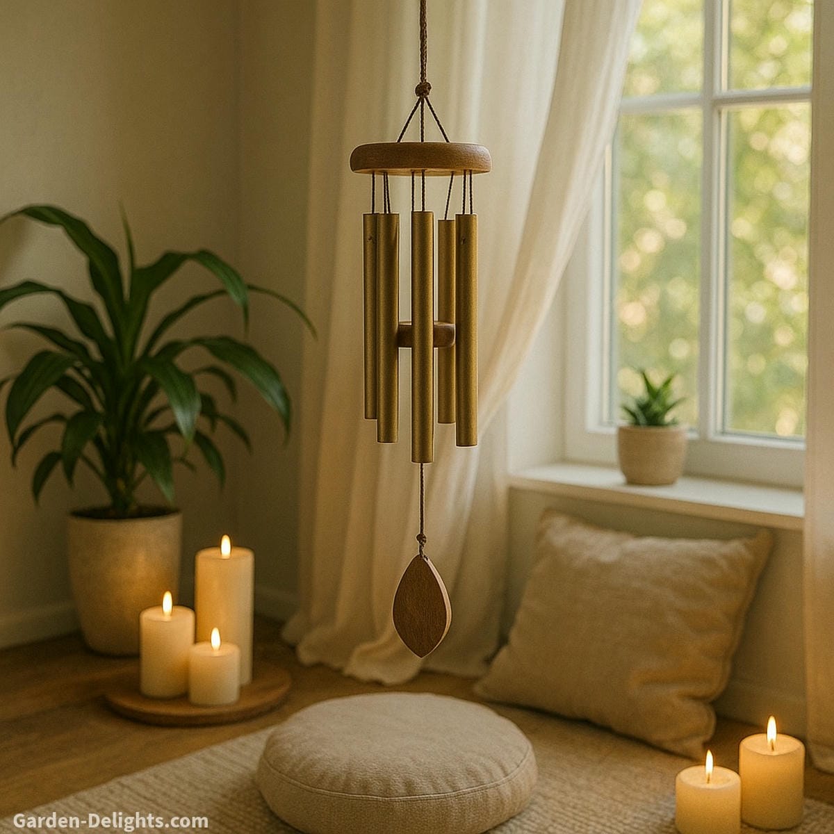 Small indoor wind chimes hanging in a sunlit meditation corner with soft curtains, candles, and plants symbolizing emotional healing, quiet energy flow, and Feng Shui harmony for peaceful home interiors