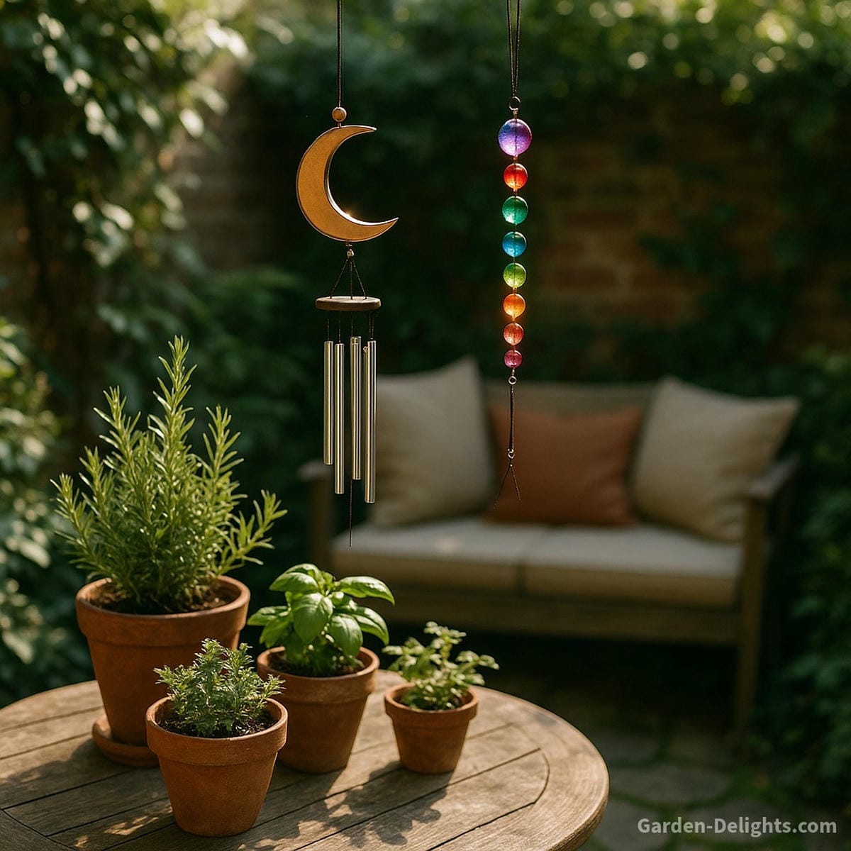 Crescent moon and spiral wind chimes catching light above a cozy patio table channeling compact healing flow, emotional balance, and Feng Shui serenity for sound therapy in small outdoor spaces