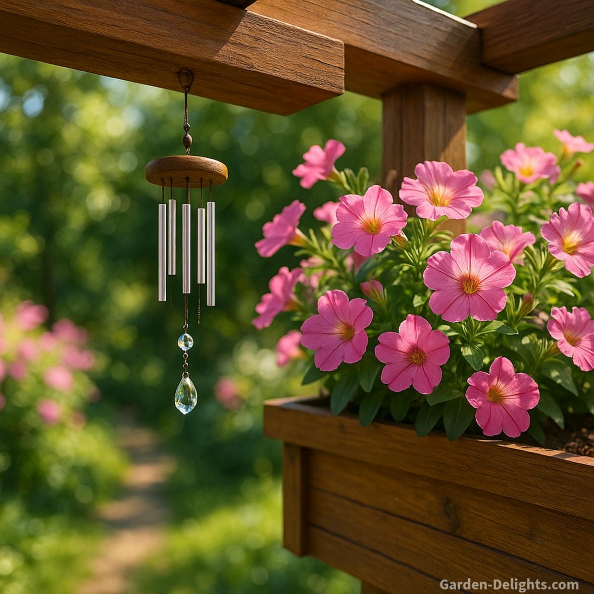 Tiny wind chime beneath a pergola beside a flower-filled planter symbolizing garden harmony, Feng Shui serenity, and sound healing in compact outdoor sanctuaries