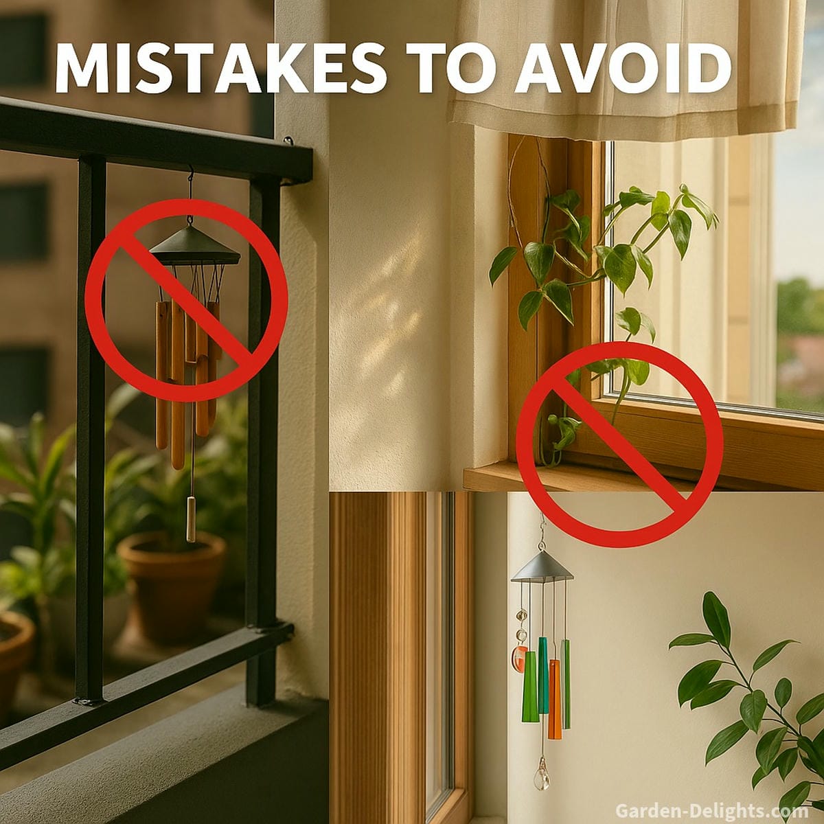 Small wind chimes placed in airflow-restricted corners, blocked balconies, and crowded ledges highlighting Feng Shui placement mistakes that reduce tone clarity, emotional resonance, and spiritual energy flow
