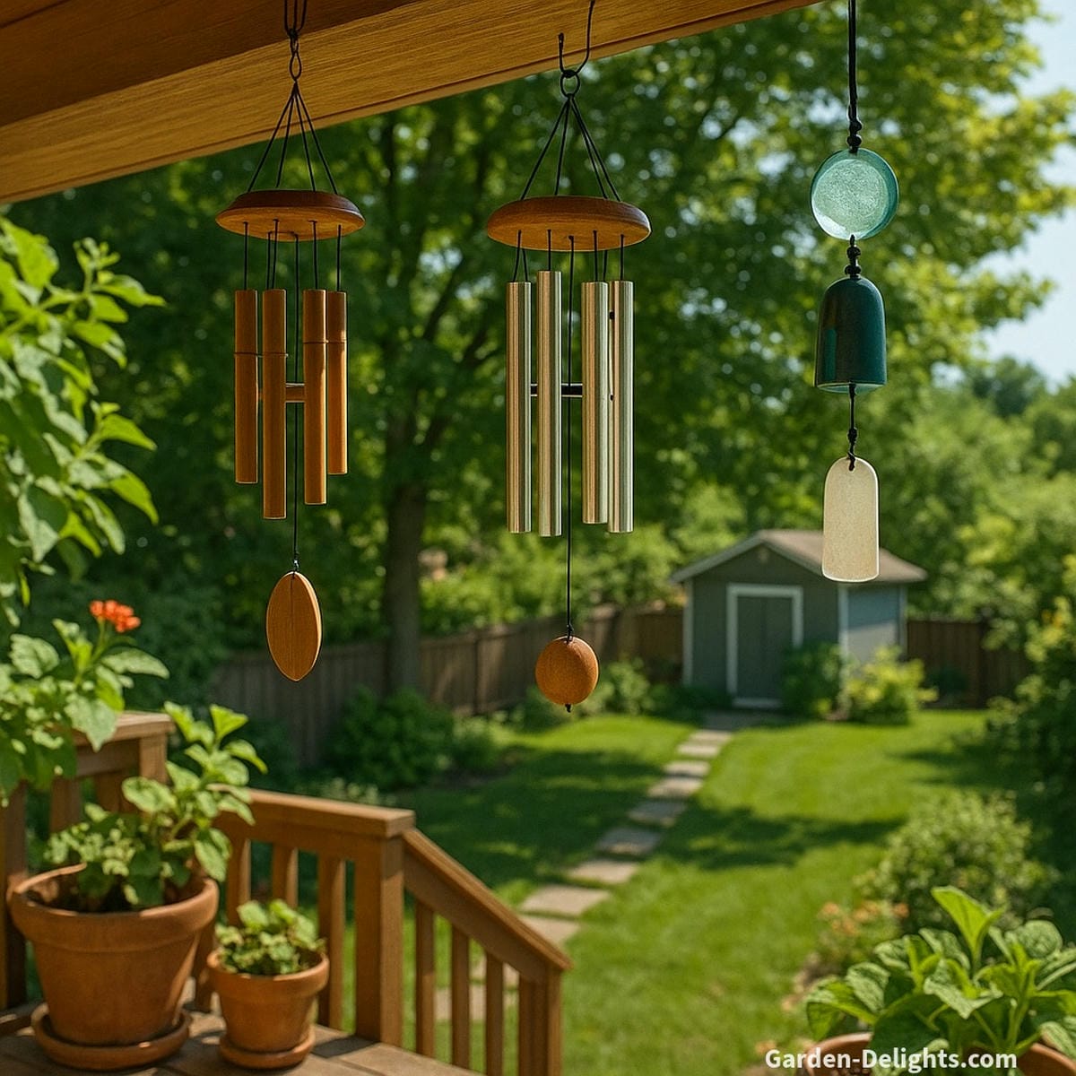 Small bamboo, aluminum, ceramic, and glass wind chimes hanging from a wooden patio pergola surrounded by flowerpots symbolizing Feng Shui balance, sound harmony, and emotional serenity in compact outdoor garden spaces