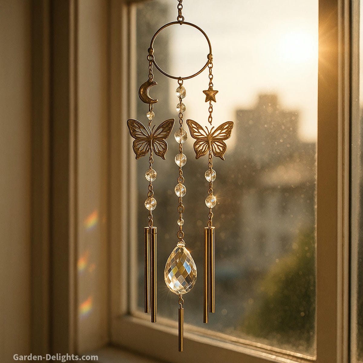 Butterfly and crystal small wind chimes glowing in a sunny apartment window ideal for emotional healing, light-based energy flow, and Feng Shui balance in compact spiritual spaces
