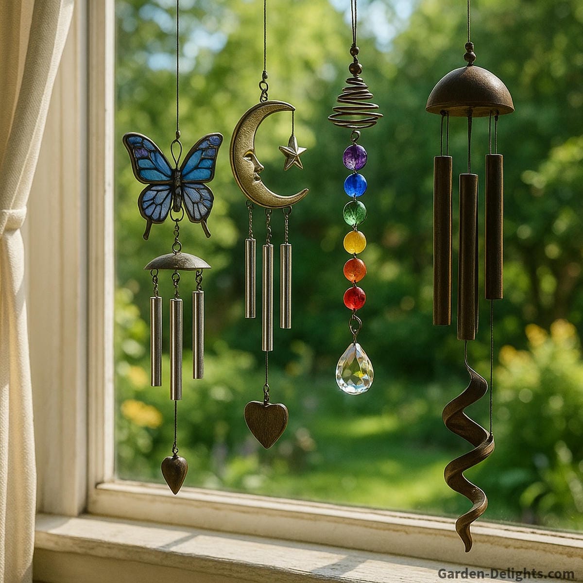 Mini wind chimes with moon, butterfly, and chakra designs hanging near a sunlit garden window enhancing spiritual calm, emotional balance, and symbolic Feng Shui energy