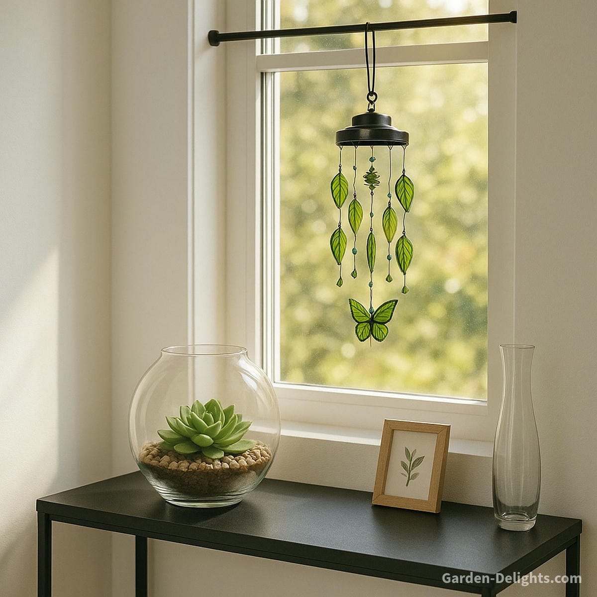 Small wind chime above moss-filled terrarium with soft greenery symbolizing emotional renewal, nature balance, and peaceful Feng Shui in mindful indoor spaces