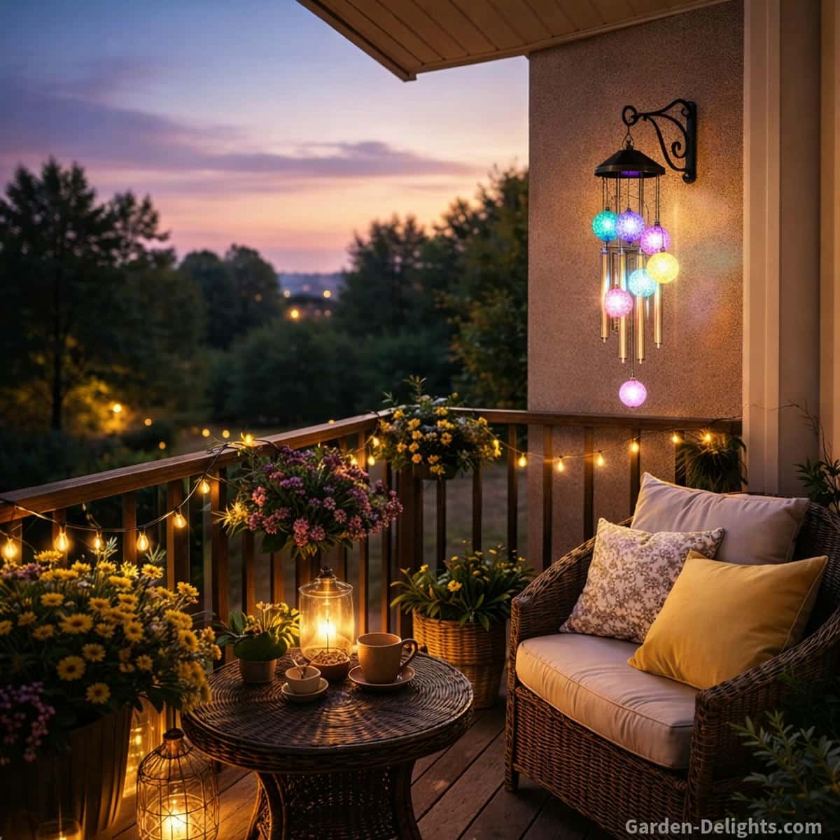 Solar wind chime glowing on a small balcony where angled sunlight balanced airflow and close railing placement create warm light and calm movement at night
