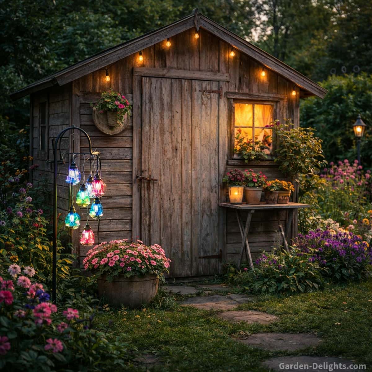 Multicolored solar wind chimes glowing beside a rustic cottage garden shed at dusk with warm window light string lights flower beds and natural evening ambience across shaded and open garden zones