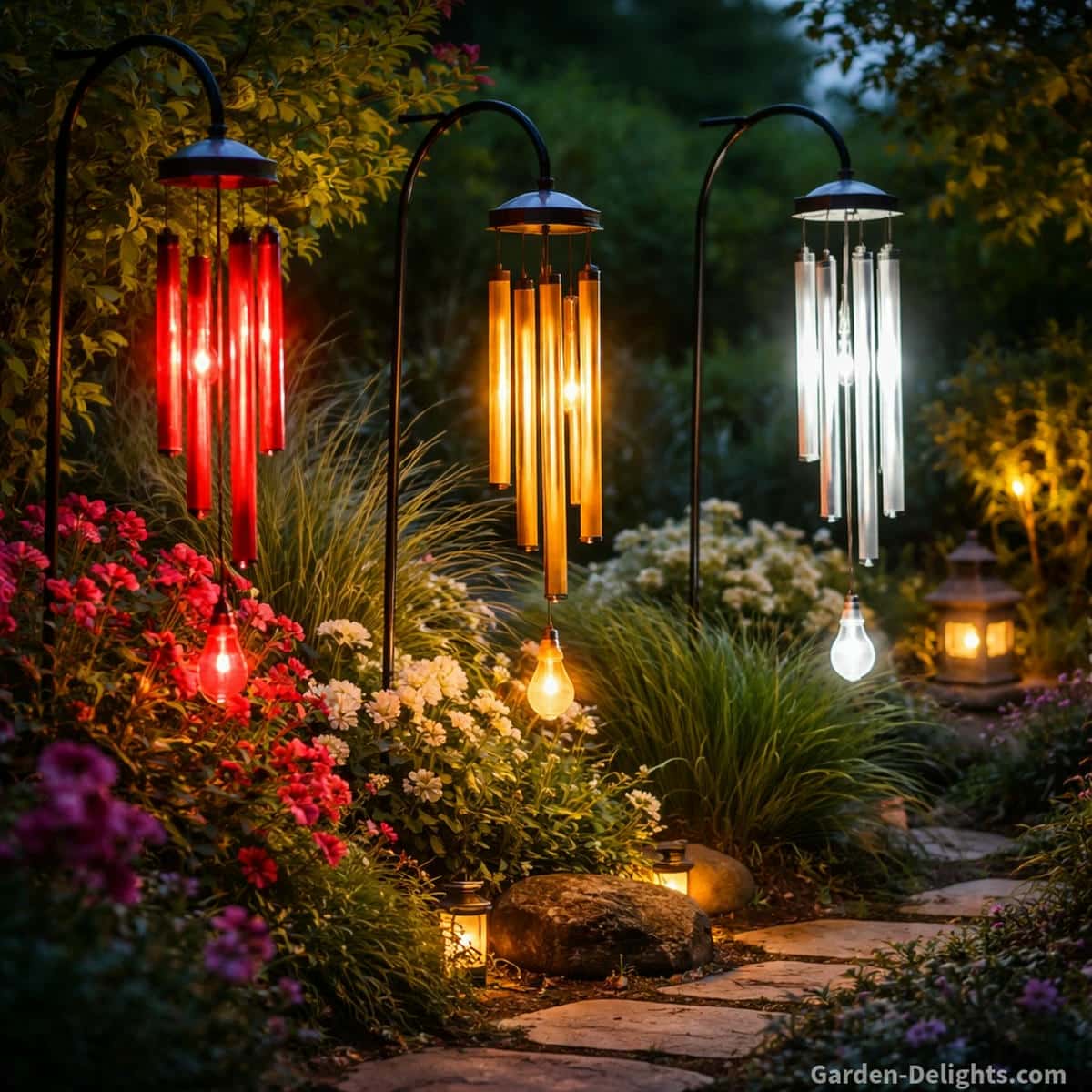 Solar wind chimes glowing with warm red amber and white LED tones in a Feng Shui arranged garden where each color guides chi flow and shapes calm balanced evening energy