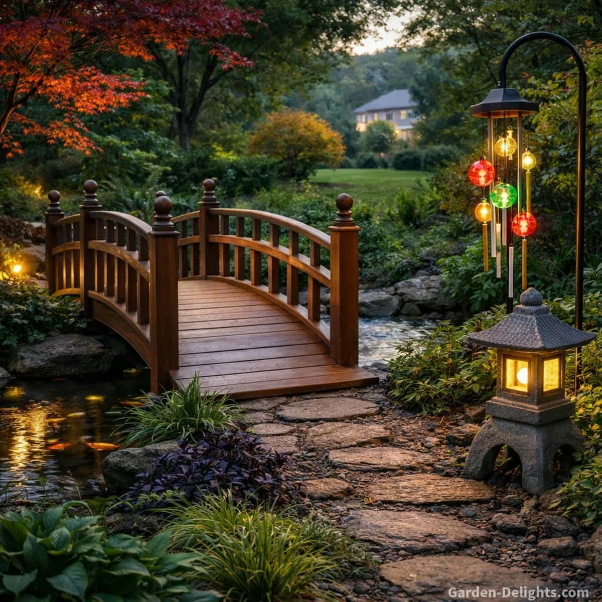 Highly detailed Japanese style garden bridge with warm wood grain beside glowing Feng Shui solar wind chimes and a stone lantern ornament at twilight where koi pond reflections, maple trees and soft airflow guide chi flow and shape balanced emotional night ambience