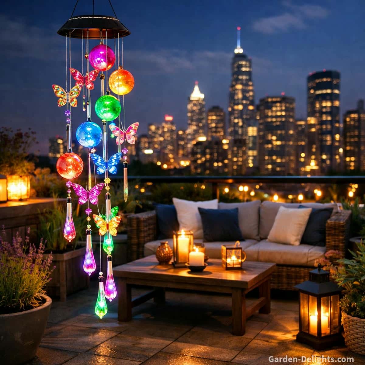 Solar wind chimes glowing over a peaceful rooftop garden lounge with planters soft night airflow city skyline lights and gentle tone creating calm urban outdoor ambience