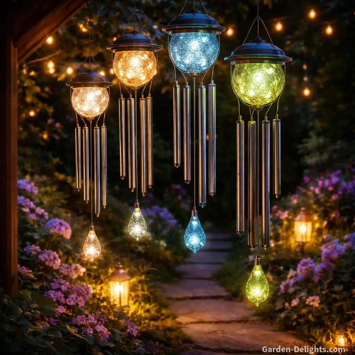 Solar wind chimes glowing at night with soft LED lights creating peaceful garden ambience on patios balconies and outdoor seating areas with gentle movement and calming sound