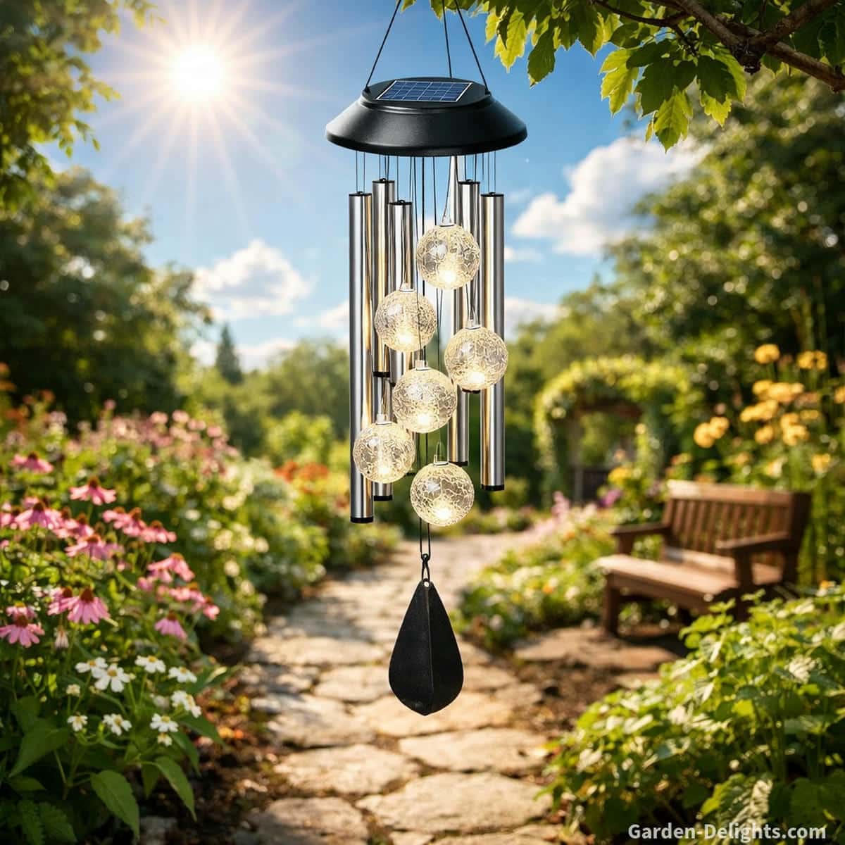 Solar wind chime hanging near a sunny garden pathway where full daylight and clear sky provide strong solar charging for brighter LED glow and longer nighttime lighting