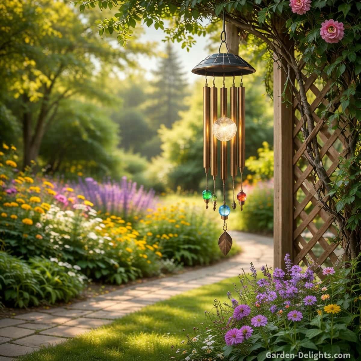 Solar wind chime hanging near a garden trellis where shifting tree shade and filtered sunlight guide daytime charging and create warm evening glow in a landscaped flowerbed.